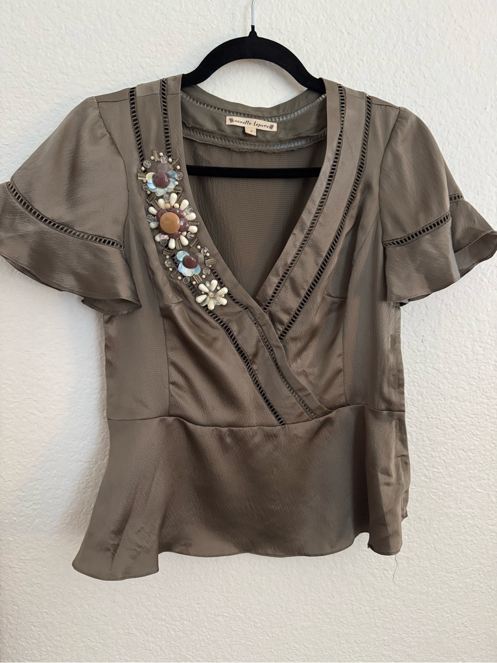 Vintage Y2K Nanette Lepore Taupe silk V-Neck Embellished Peplum Blouse